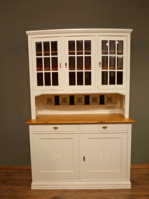 Antike Schränke, Jugendstil Küchenschrank, Fichte weiss lasiert um 1910