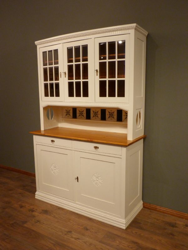 Antike Schränke, Jugendstil Küchenschrank, Fichte weiss lasiert um 1910