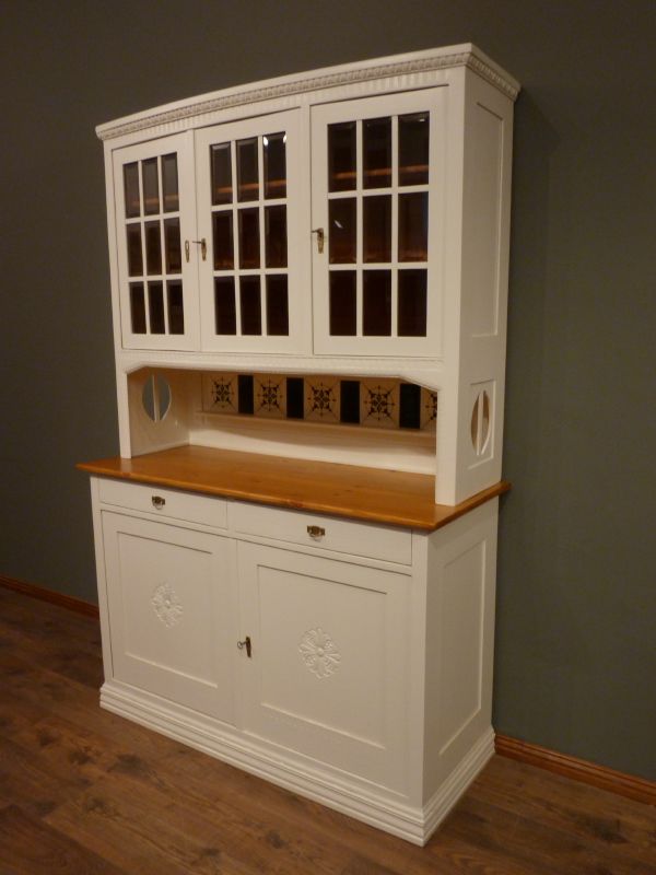 Antike Schränke, Jugendstil Küchenschrank, Fichte weiss lasiert um 1910